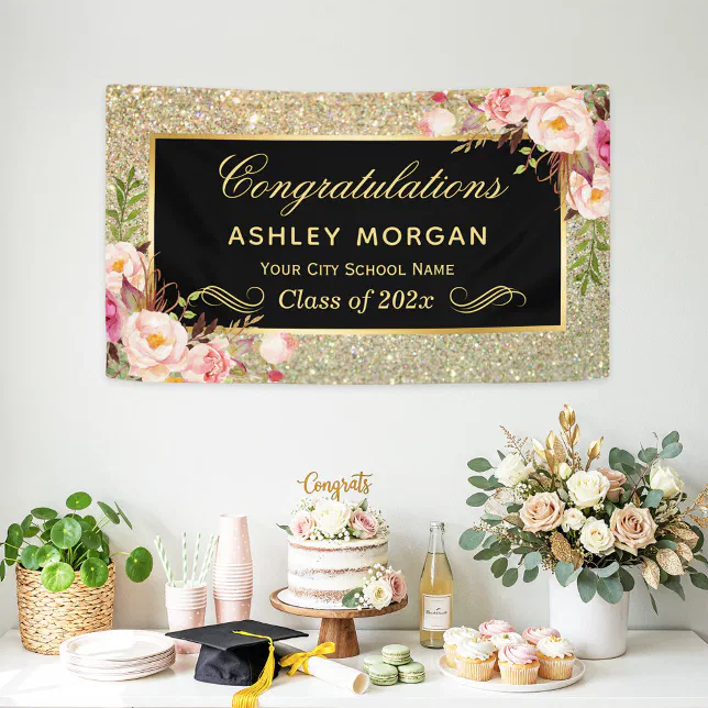 Faux Gold Glitter Pink Floral Graduation Party Banner | Zazzle