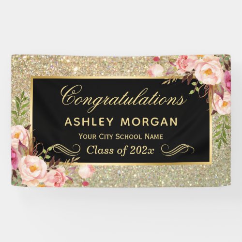 Faux Gold Glitter Pink Floral Graduation Party Banner