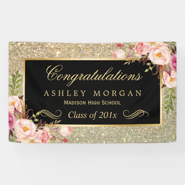 Faux Gold Glitter Pink Floral Graduation Party Banner
