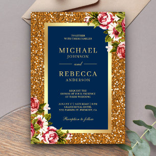 Faux Gold Glitter Pink Floral Navy Blue Wedding Invitation