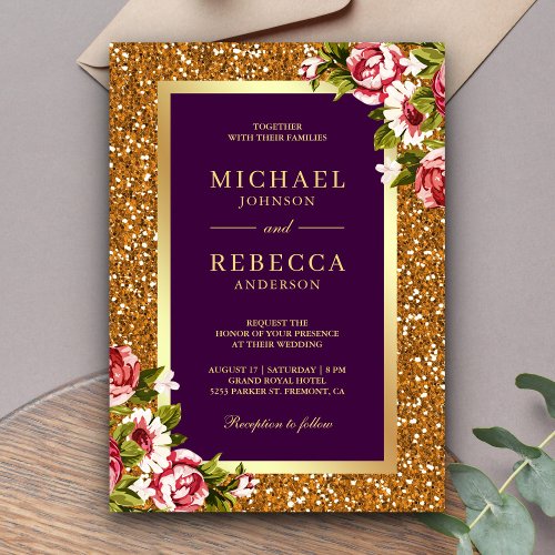 Faux Gold Glitter Pink Floral Plum Purple Wedding Invitation