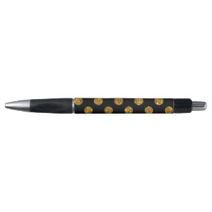 Faux Gold Glitter Polka Dots Pattern on Black Pen