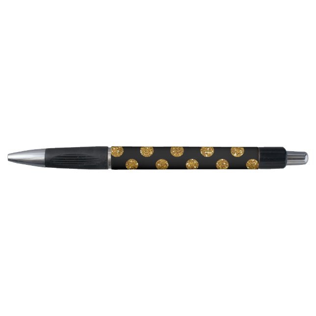 Faux Gold Glitter Polka Dots Pattern on Black Pen (Front)