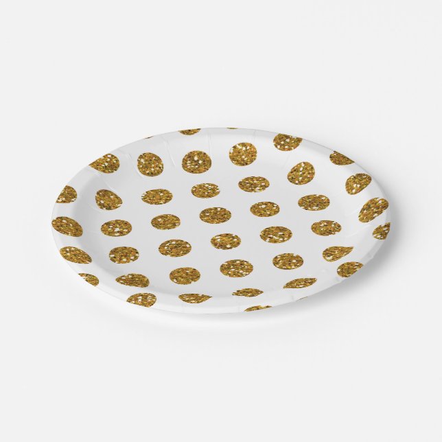 Faux Gold Glitter Polka Dots Pattern on White Paper Plates (Angled)