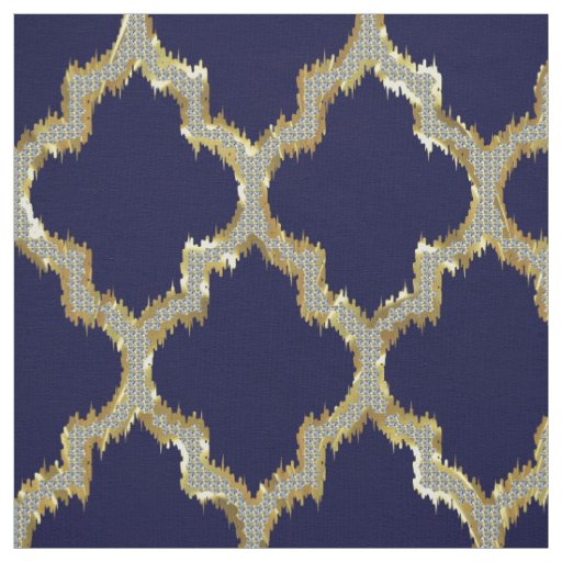 Faux Gold Glitter Quatrefoil Ikat With Blue Back Fabric