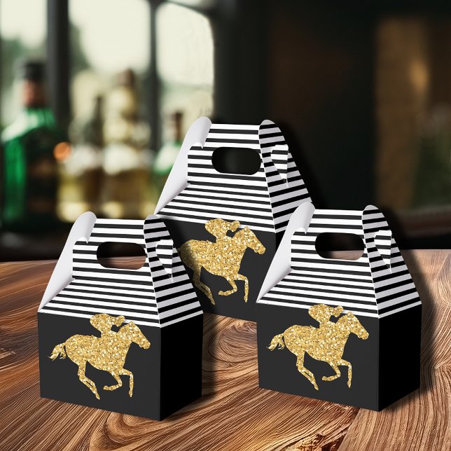 Faux Gold Glitter Race Horse Black White Stripes Favor Boxes (Gold racehorse Derby party favor boxes are 4"w x 2.5"l x 5"h, ship flat, simple assembly required.)