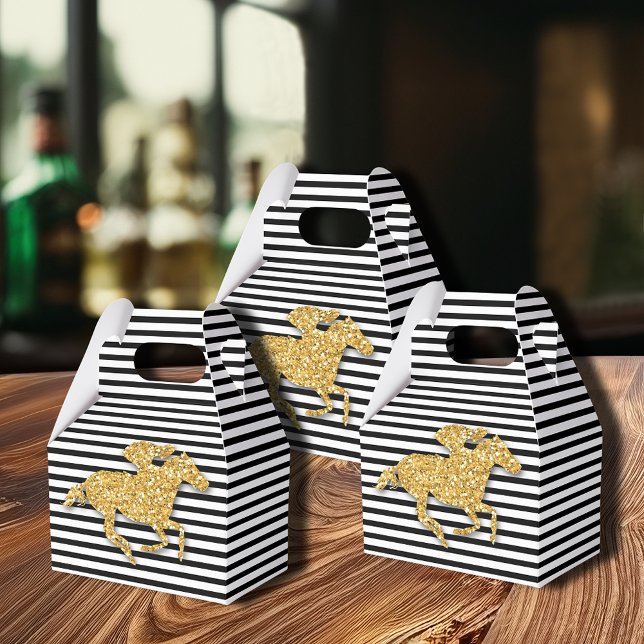 Faux Gold Glitter Race Horse Black White Stripes Favor Boxes (Gold racehorse Derby party favor boxes are 4"w x 2.5"l x 5"h,  simple assembly required)