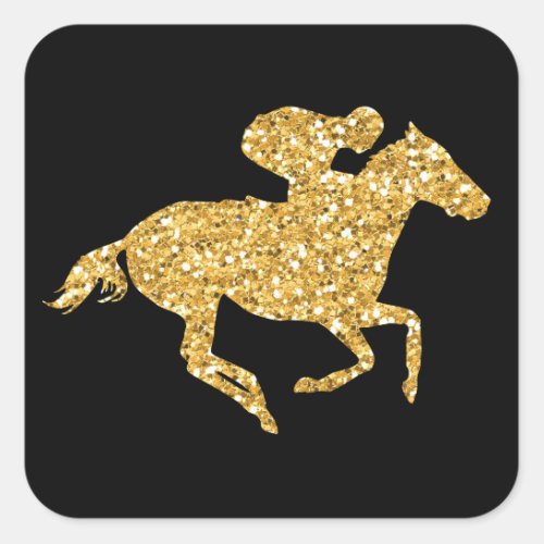 Faux Gold Glitter Race Horse on Black Derby Party Square Sticker