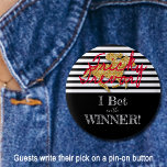 Faux Gold Glitter Race Horse on Black Stripes Button<br><div class="desc">A button featuring a racing horse in faux gold glitter on black and white stripes at the top and a solid black area at the bottom for your custom personalization. Change the wording, change the fonts, change the font colors. HINT: GUESTS CAN WRITE THE NAME OF THEIR HORSE WITH A...</div>