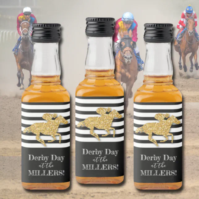 Faux Gold Glitter Race Horse on Black Stripes Liquor Bottle Label Zazzle