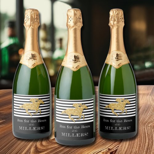 Faux Gold Glitter Race Horse on Black Stripes Sparkling Wine Label