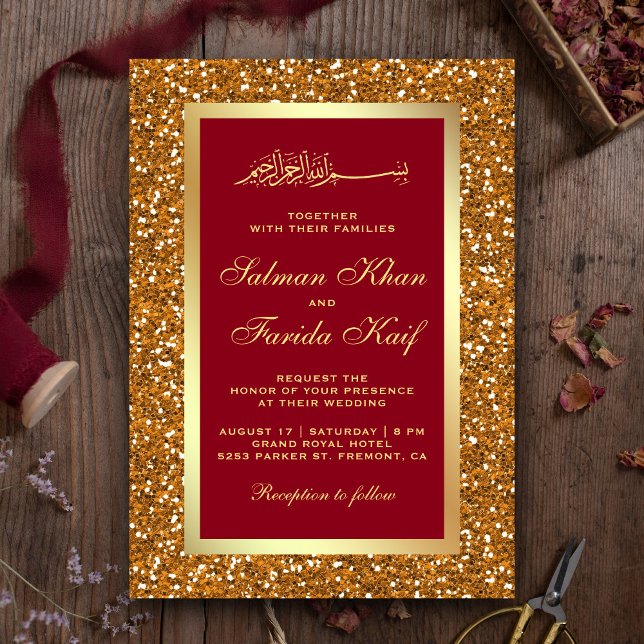 Faux Gold Glitter Red Islamic Muslim Wedding Invitation (Creator Uploaded)