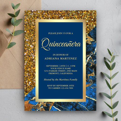 Faux Gold Glitter Royal Blue Marble Quinceanera Invitation