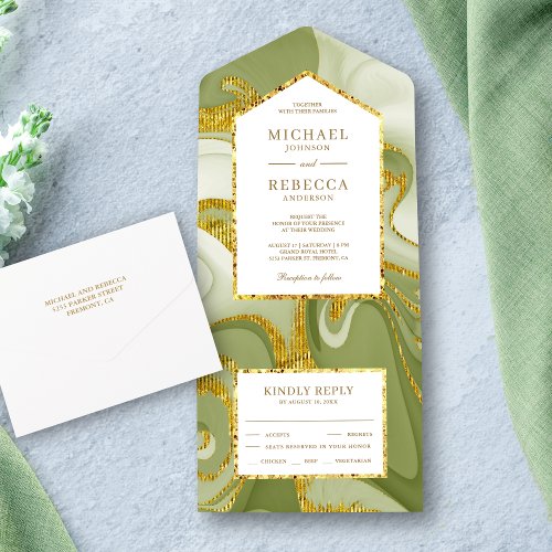 Faux Gold Glitter Sage Green Marble Wedding All In One Invitation