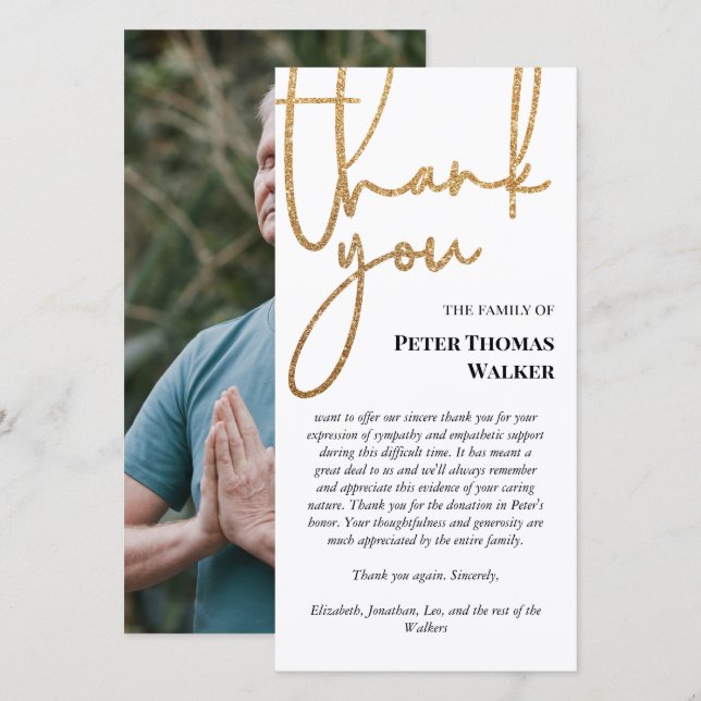 Faux Gold Glitter Script & Photo Funeral Thank You Card (Front/Back)