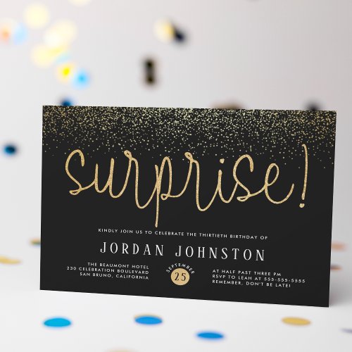 Faux Gold Glitter Script Surprise Birthday Party Magnetic Invitation