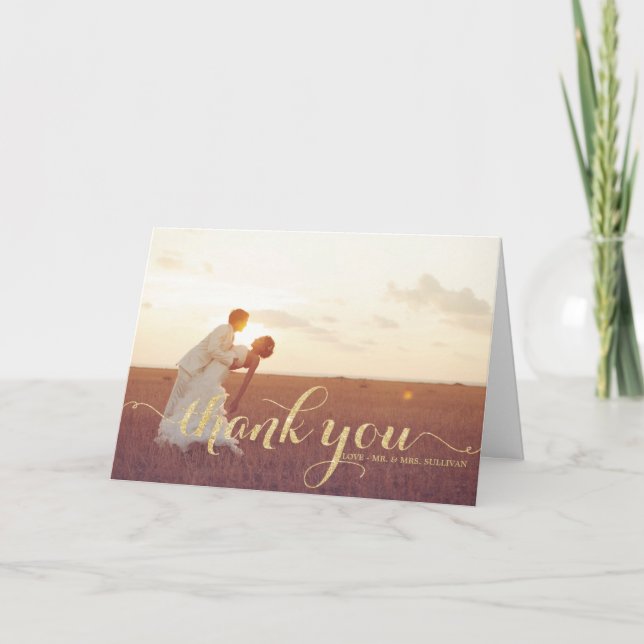 Faux Gold Glitter Script Wedding Thank You Card (Front)