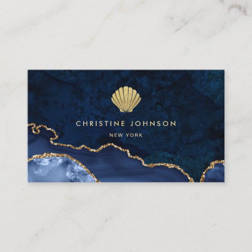 faux gold glitter seashell on blue business card