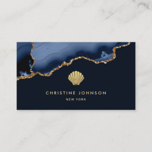 faux gold glitter seashell on dark blue business card