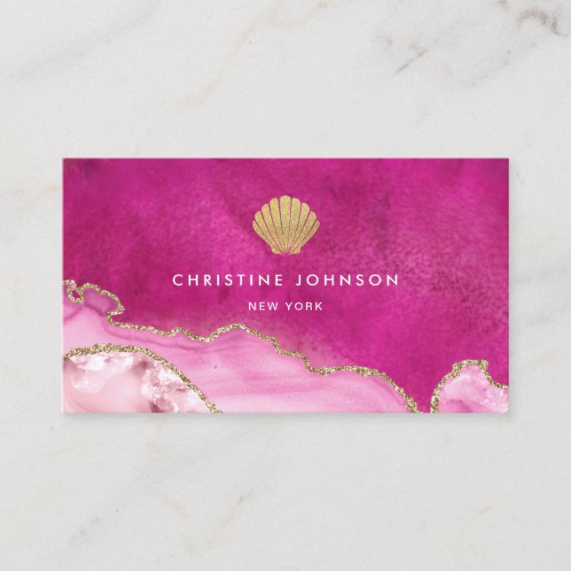faux gold glitter seashell on pink business card (Front)