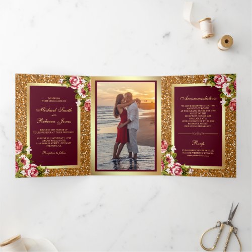 Faux Gold Glitter Sparkle Burgundy Floral Wedding Tri_Fold Invitation