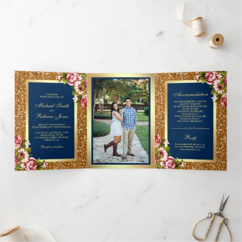 Faux Gold Glitter Sparkle Floral Navy Blue Wedding Tri_Fold Invitation