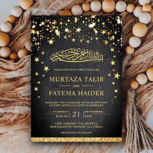 Faux Gold Glitter Stars Chalkboard Muslim Wedding Invitation