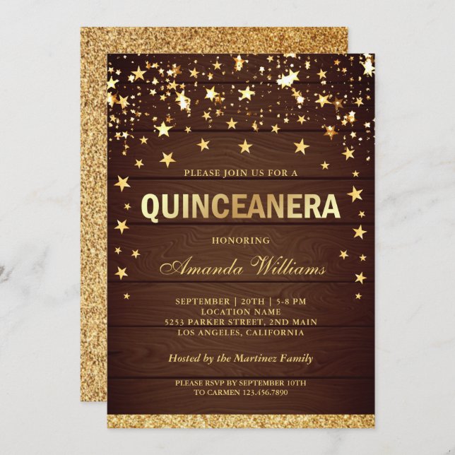 Faux Gold Glitter Stars Confetti Quinceanera Invitation (Front/Back)