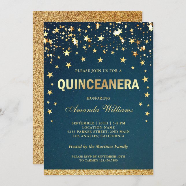 Faux Gold Glitter Stars Confetti Quinceanera Invitation (Front/Back)