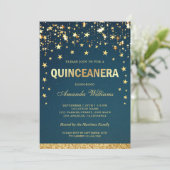 Faux Gold Glitter Stars Confetti Quinceanera Invitation (Standing Front)