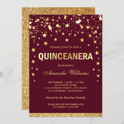 Faux Gold Glitter Stars Confetti Quinceanera Invitation
