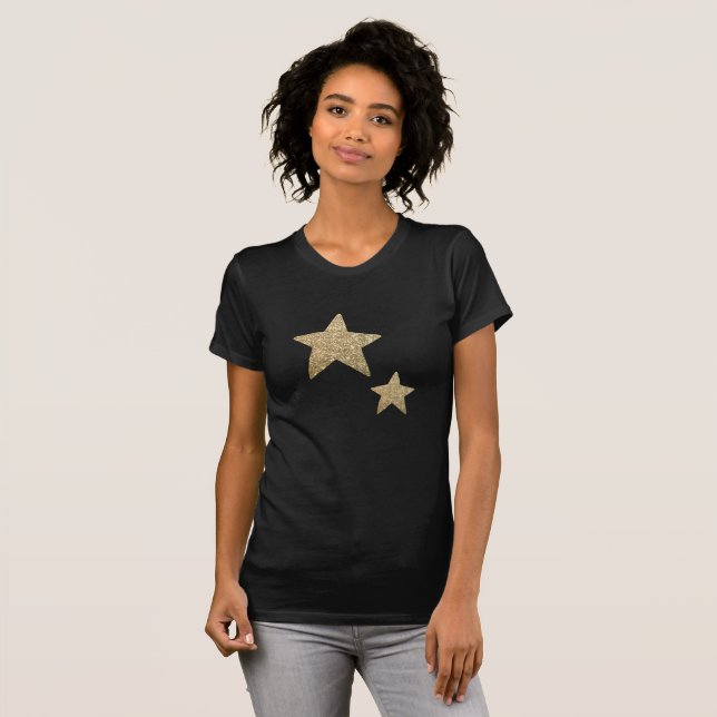 Faux Gold Glitter Stars | Women's Black T-Shirt (Front Full)