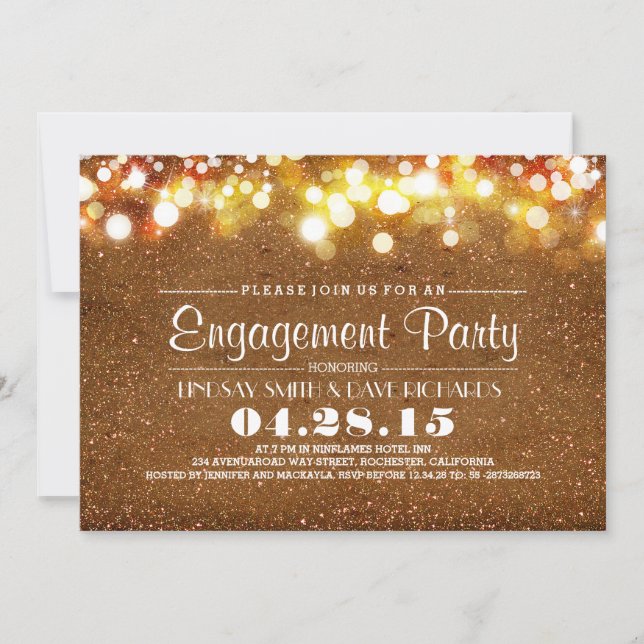 faux gold glitter string lights engagement party invitation (Front)