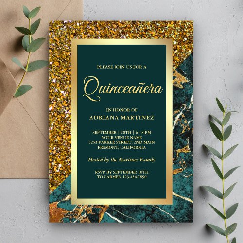 Faux Gold Glitter Teal Green Marble Quinceanera Invitation
