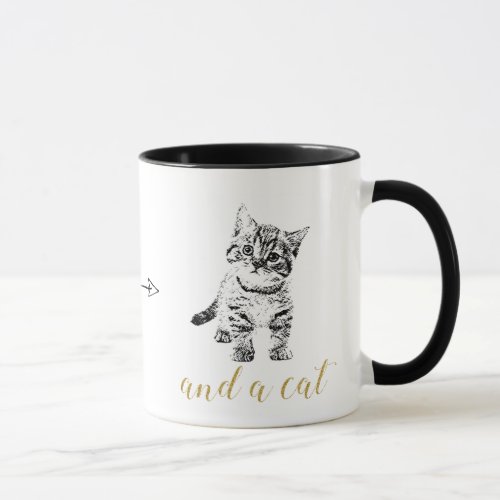 Faux gold glitter text black cat mug