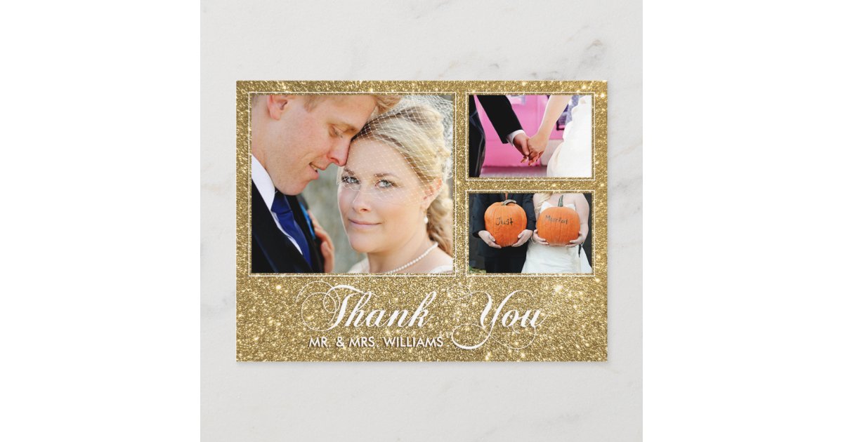 Faux Gold Glitter Thank You 3 Photo Postcard | Zazzle