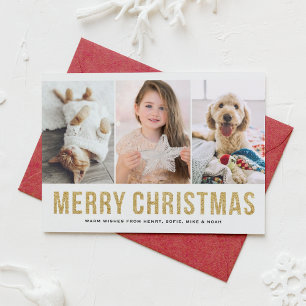 Faux Gold Glitter Three Photo Collage Christmas Holiday Card