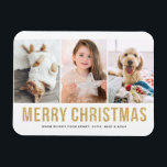 Faux Gold Glitter Three Photo Collage Christmas Magnet<br><div class="desc">Merry Christmas | Add a touch of sparkle to your holiday season with our customizable photo Christmas magnet, featuring eye-catching gold glitter letters! This festive magnet is a delightful way to showcase your favorite holiday photo while sending warm wishes to friends and family. The elegant gold glitter letters create a...</div>