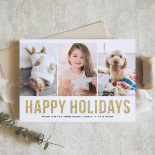 Faux Gold Glitter Three Photo Collage Modern Holiday Card