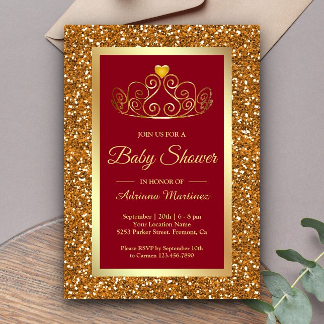 Faux Gold Glitter Tiara Princess Red Baby Shower Invitation (Creator Uploaded)