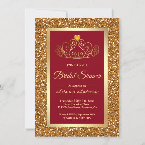 Faux Gold Glitter Tiara Princess Red Bridal Shower Invitation