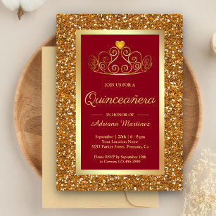 Faux Gold Glitter Tiara Princess Red Quinceanera Invitation