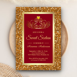Faux Gold Glitter Tiara Princess Red Sweet Sixteen Invitation