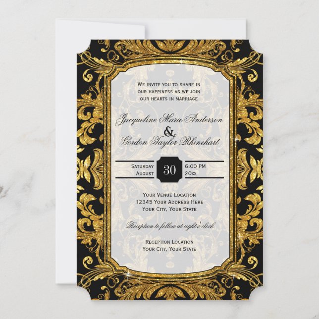 Faux Gold Glitter Ticket Style Vintage Typography Invitation (Front)