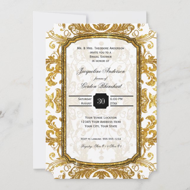 Faux Gold Glitter Ticket Vintage Bridal Shower Invitation (Front)