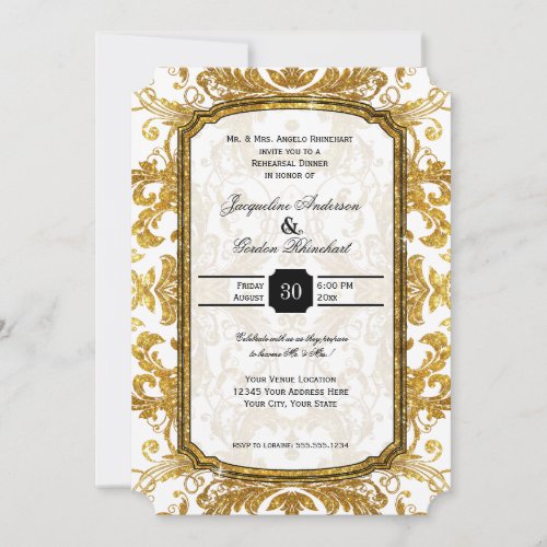 Faux Gold Glitter Ticket Vintage Rehearsal Dinner Invitation