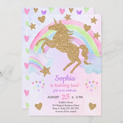 Faux Gold Glitter Unicorn Girl Birthday Invitation
