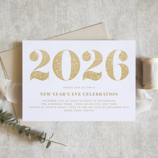 Faux Gold Glitter White 2026 New Year's Eve Party Invitation (Customizable 2026 New Year's Eve party invitation featuring faux gold glitter.)