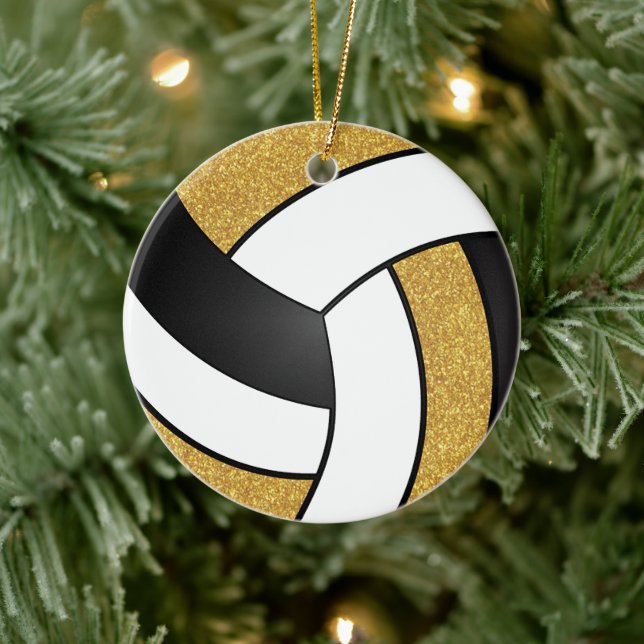 Faux Gold Glitter, White and Black Volleyball Ceramic Ornament (Tree)