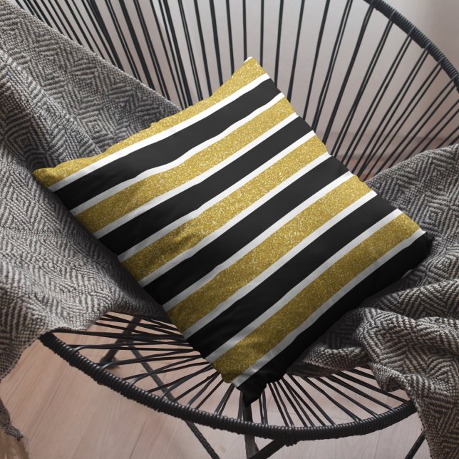 Faux Gold Glitter White & Black Stripes Throw Pillow (Creator Uploaded)